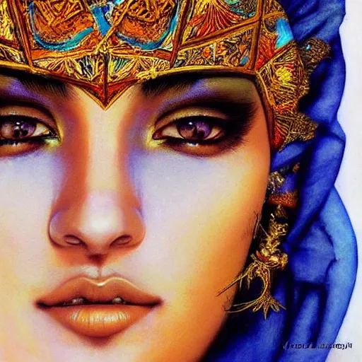 Image similar to a beautiful touareg algerian woman by karol bak, ayami kojima, artgerm, sakimichan, arabian beauty, blue eyes, smile, concept art, fantasy