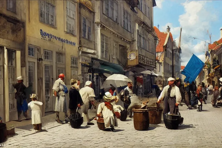 Prompt: street life in stavanger in summer painted by Ludwig Deutsch and Rudolf Ernst, strong dramatic cinematic lighting, smooth, sharp focus, extremely detailed