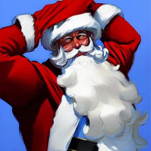 Prompt: greg manchess portrait painting of partially armored santa claus as overwatch character, medium shot, asymmetrical, profile picture, organic painting, sunny day, matte painting, bold shapes, hard edges, street art, trending on artstation, by huang guangjian and gil elvgren and sachin teng