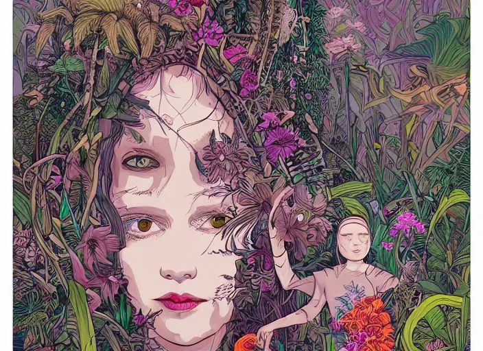 Prompt: surreal line art of beautiful young girl with a lot of jungle flowers and plants, poison toxic mushrooms, long grass, butterflies on its head + mystic fog, no - shadow, 7 0's vintage sci - fi style, by moebius, kim jung gi, poster art by android jones, behance contest winner, made of flowers, grotesque, concert poster