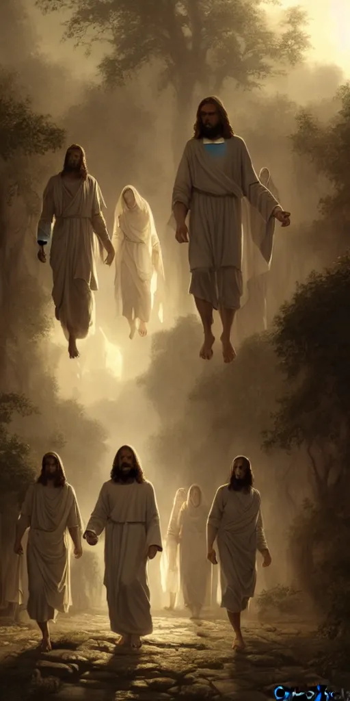 Image similar to jesus christ and the disciples walking, 8 k, denoised, by greg rutkowski, tom bagshaw, james gurney cozy atmospheric and cinematic lightingg