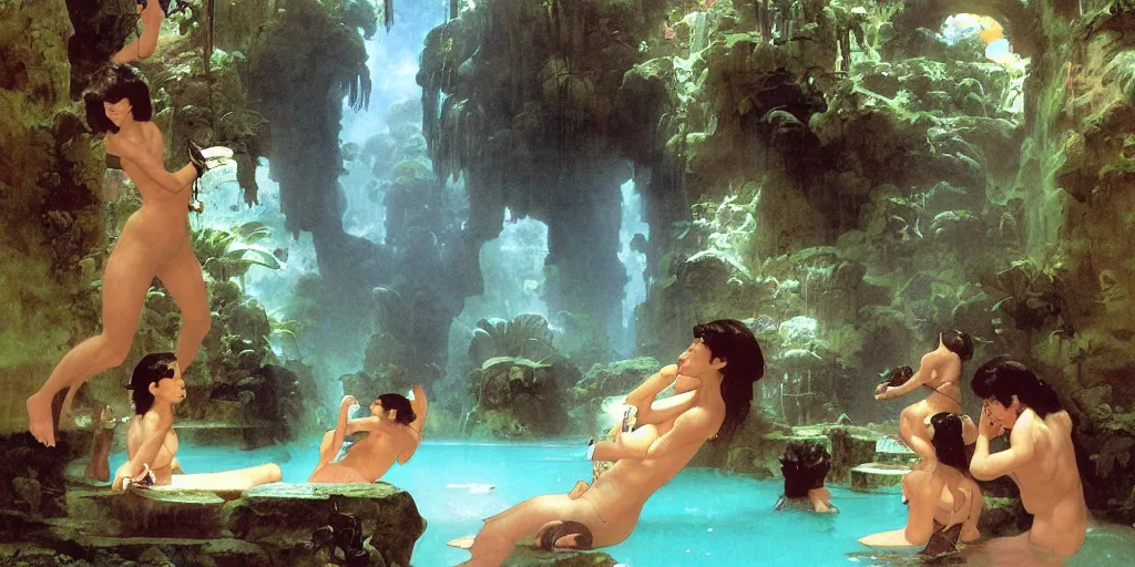 Prompt: a tropical cave that renovate as a luxury interior as a harem of beautiful women bathe in the waters and surround our protagonist by syd mead, frank frazetta, ken kelly, simon bisley, richard corben, william - adolphe bouguereau, flat lighting
