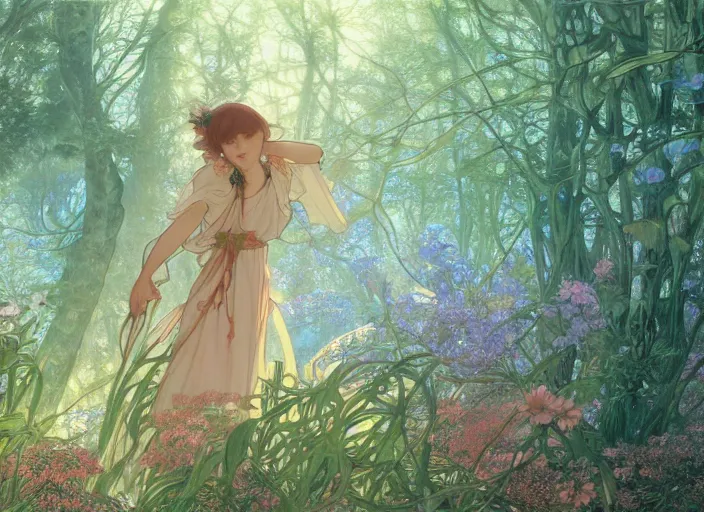 Image similar to desktop background, beautiful fantasy forest, path traced, highly detailed, high quality, digital painting, by studio ghibli and alphonse mucha, leesha hannigan, hidari, art nouveau, chiho aoshima, jules bastien - lepage