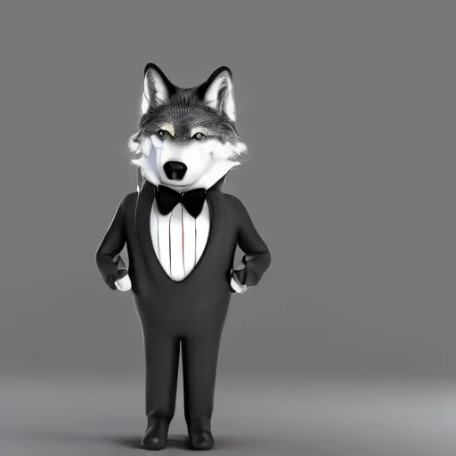 Image similar to 3 d render of a wolf as a gentleman wearing tuxedo on a studio shot, studio lighting, cinematic perspective, full hd