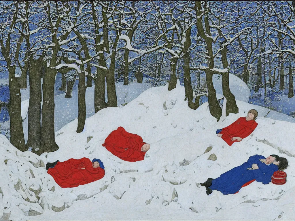 Prompt: portrait of a man sleeping in the snow. painting by limbourg brothers