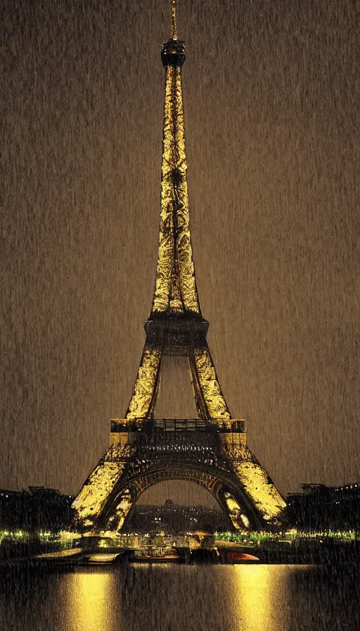 Prompt: eiffel tower in the rain, by hasui kawase, silent, loneliness, cinematic composition