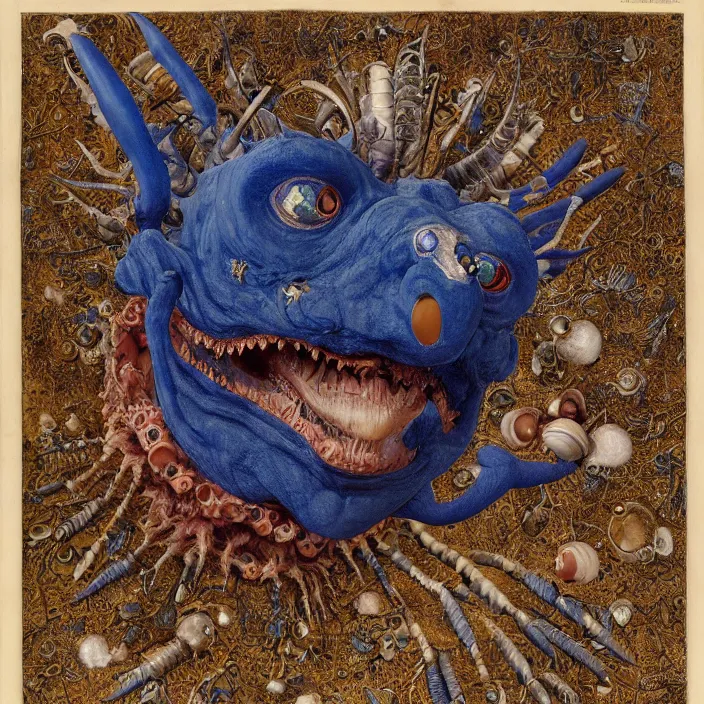 Prompt: close up portrait of a mutant monster creature with four lapis - lazuli eyes, knife - like teeth, round conch fractal horns, insect antennae. jan van eyck, walton ford