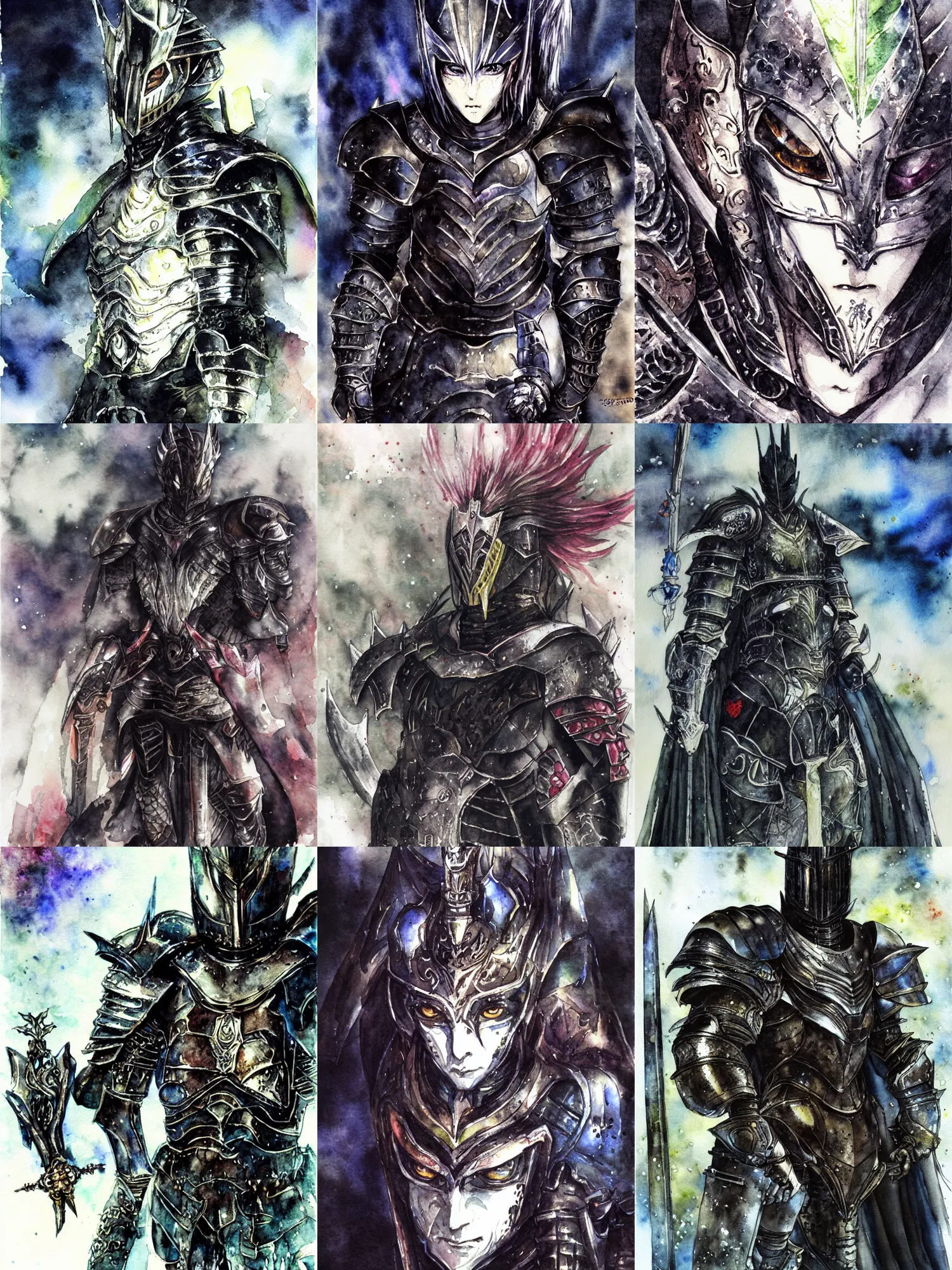 Prompt: portrait of a black knight in the outdoors, dark fantasy, watercolor, by yoshitaka amano