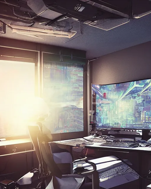 Prompt: artstation scifi scene of a complex computer workstation in a small studio apartment room, many monitors, many electronics, a window view, very detailed, maximalism, ambient occlusion, volumetric light, sun beam, atmospheric haze, unreal engine, hyper realism, realistic shading, cinematic composition, realistic render, octane render, detailed textures, photorealistic, wide shot