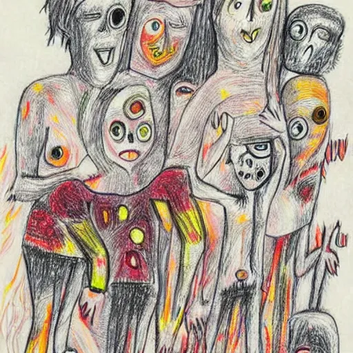 Image similar to abstract children’s drawing of the end of the world., horror,