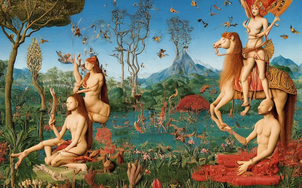 Image similar to a portrait photograph of a meditating sphinx and a centaur king riding birds and hugging tropical animals at a river delta. surrounded by bulbous flowers, animals and trees. mountain range under a blue sky of burning stars. painted by jan van eyck, max ernst, ernst haeckel and ernst fuchs, cgsociety, artstation, fashion editorial, 8 k