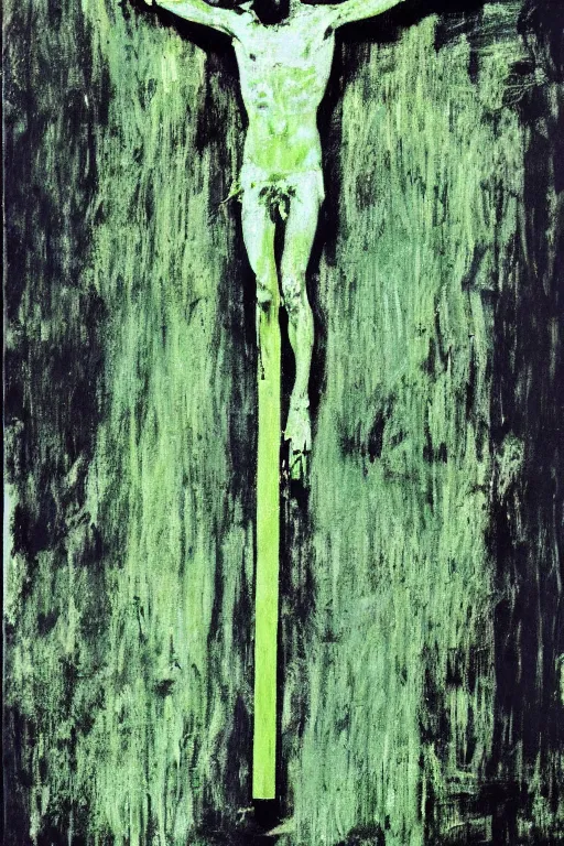 Image similar to green background with bloody christ crucified painted by cy twombly and andy warhol