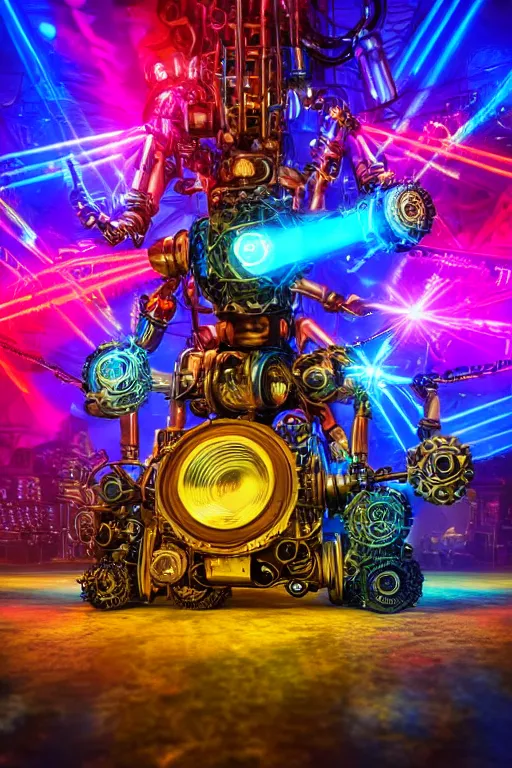 Image similar to portrait photo of a giant huge golden and blue metal futuristic steampunk robot covered with multicolored big gears and tubes, a huge steampunk drumset, eyes are glowing red lightbulbs, shiny crisp finish, 3 d render, animusic, 8 k, insaneley detailed, fluorescent colors, background is multicolored lasershow