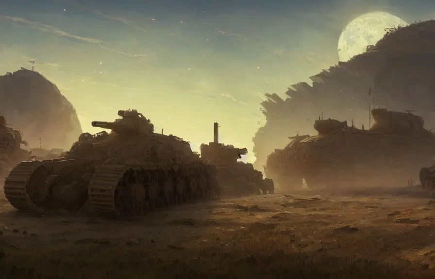 Prompt: concept art of a dusty field with ruined dieselpunk orcish tanks and smoking craters in the background, key visual, ambient lighting, highly detailed, digital painting, artstation, concept art, sharp focus, by makoto shinkai and akihiko yoshida and hidari and wlop