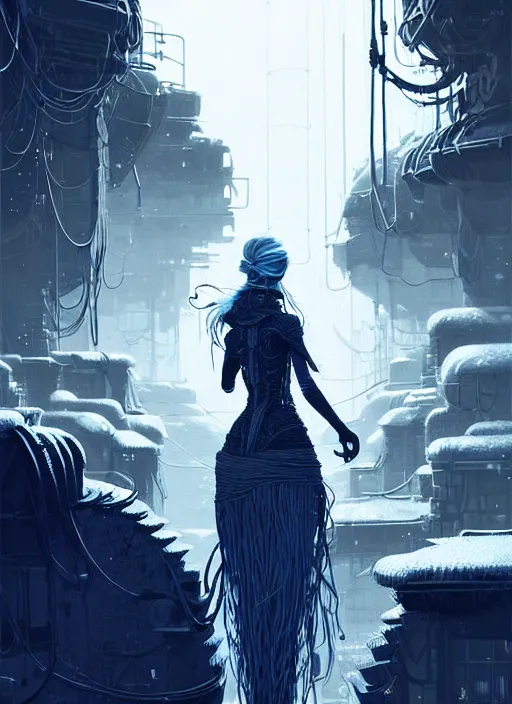 Prompt: highly detailed portrait of a frostpunk long blonde hair lady tribal lady, stray wiring by atey ghailan, james gilleard, by joe fenton, by greg rutkowski, by greg tocchini, by kaethe butcher, 4 k resolution, gradient blue, black and white color scheme!!! ( ( glaciated robotic dystopian city background ) )