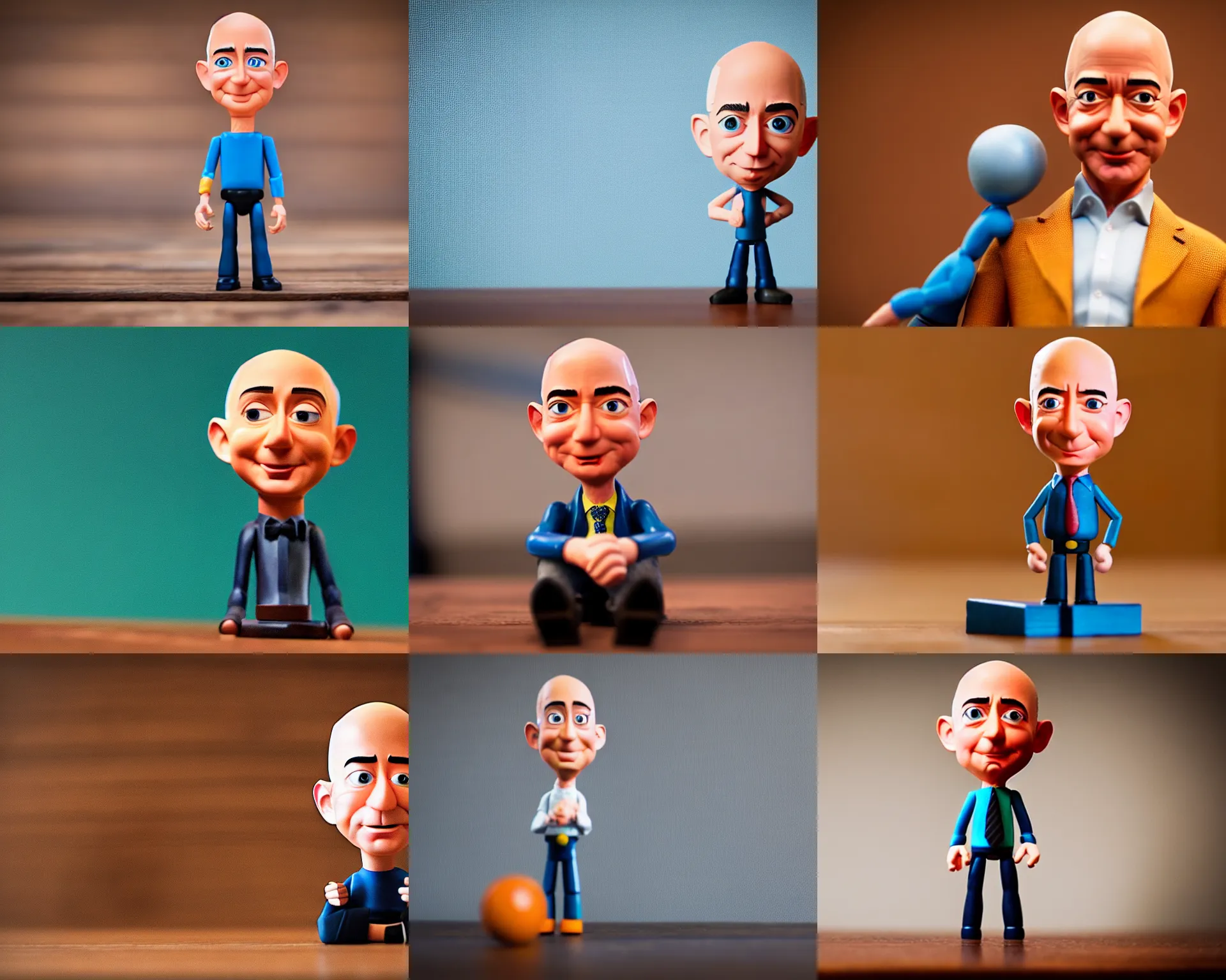 Prompt: Jeff Bezos figurine by Pixar sad bokeh on wooden table.