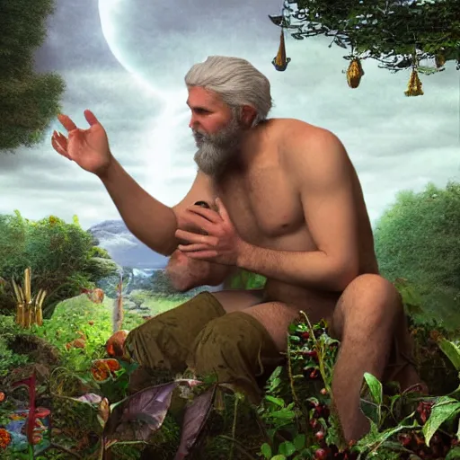 Image similar to white - bearded, god, contemplating adam and eve's future, in the garden of eden - sorcerer, detailed, futuristic, photo - realistic, digital art