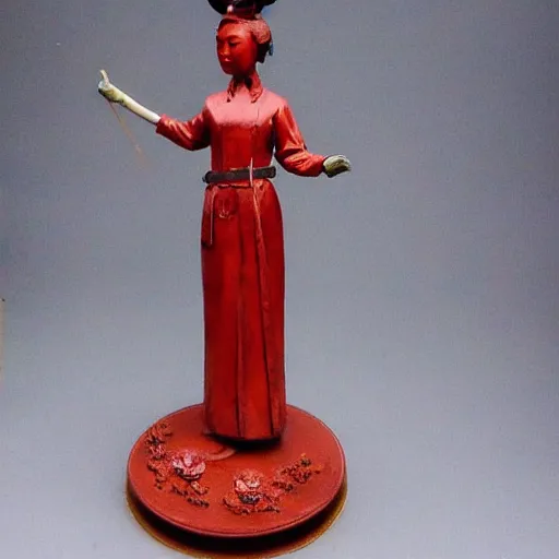 Prompt: museum girl statue monument made from chinese porcelain brush face hand painted with iron red dragons full - length very very detailed by rutkowski