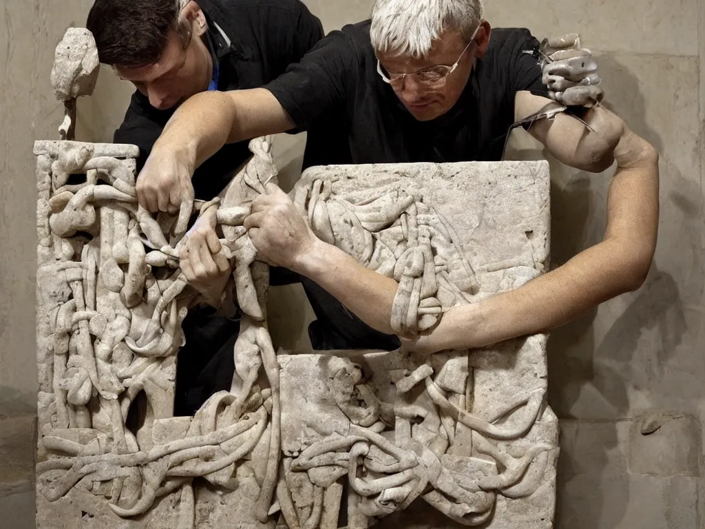 Prompt: an it - guy trying to fix hardware of a pc tower is being tangled by the pc cables like laokoon. marble, copy after hellenistic original from ca. 2 0 0 bc. found in the baths of trajan, 1 5 0 6