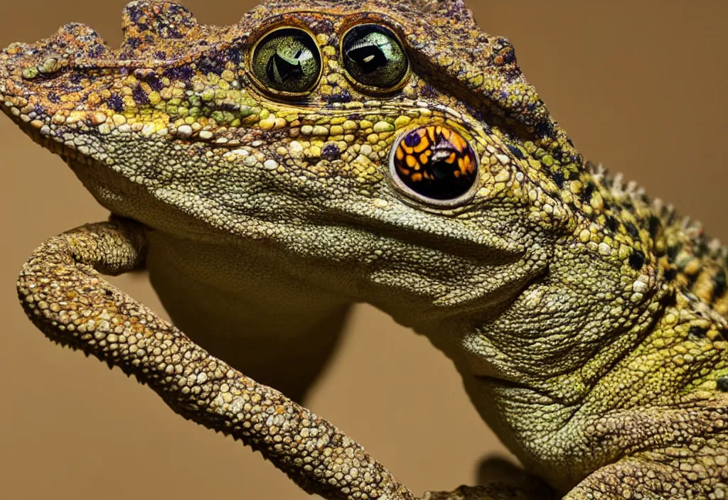 Prompt: An award winning photo of Tokay crocodile chameleon looking at the camera, nature photography, National Geographic, 4k