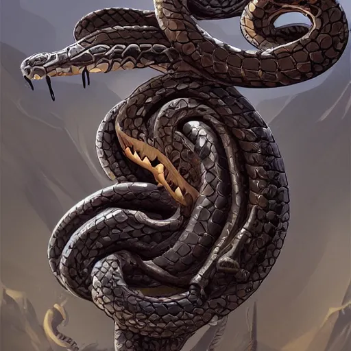 Prompt: giant metal skull coiled stoic snake, calmly conversing 8k, detailed, concept art, trending on artstation