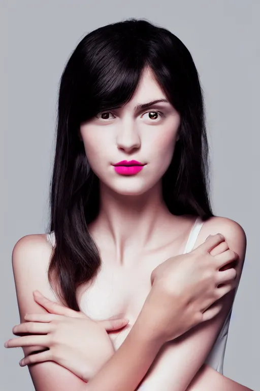 Prompt: a digital art of a thin white girl with rosy cheeks, shiny arms, shoulder - length black hair, thin eyebrows, light pink lips, long white dress, studio lighting