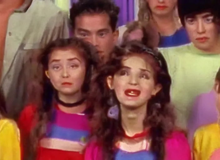 Image similar to Funny TV show in 90s. Color VHS footage. A 10-years-old girl singing on the small stage in the TV studio.