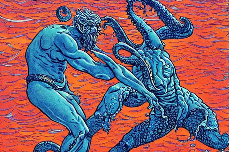 Image similar to a poseidon - android fighting with kraken, artwork by jean giraud