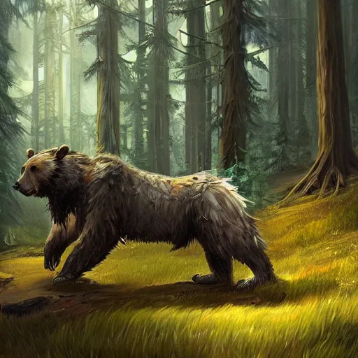 Prompt: a beautiful painting of a mechanical bear walking through a boreal forest, world of warcraft concept art