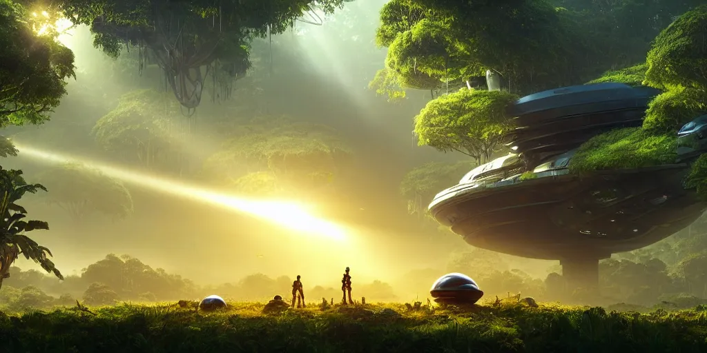 Prompt: a futuristic rusty old alien spaceship, next to it a smaller exploration ship on a landing pad, surrounded by a lush jungle, in the foreground two explorers are having a conversation and small animals are walking around, golden hour, sun beams, volumetric light, hyperdetailed, artstation, cgsociety, 8k