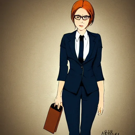 Prompt: woman in black business suit, chill, light brown neat hair, pixiv, fanbox, trending on artstation, portrait, digital art, modern, sleek, highly detailed, formal, determined, blue tie, lawyer, colorized, smooth, charming, pretty, briefcase, safe for work