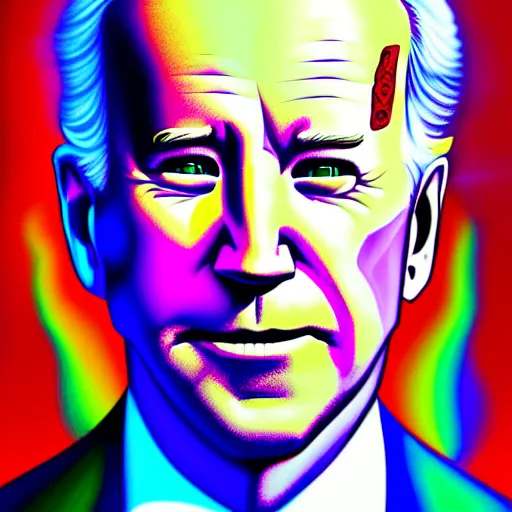 Prompt: An extremely psychedelic portrait of Joe Biden, surreal, LSD, face, detailed, intricate, elegant, lithe, highly detailed, digital painting, artstation, concept art, smooth, sharp focus, illustration