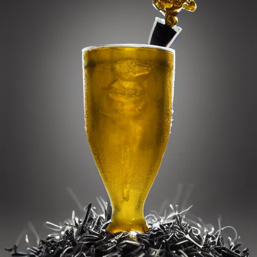 Prompt: hop cone juice, new england ipa, highly detailed silver nitrate photo, light gold accents, smoky bar, black and white, intricate complexity, horror, trending on art station, photoreal, 8 k, octane render