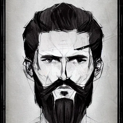 Image similar to very attractive man with beard, body full, strong masculine features, 3/4 front view, slim, short hair, 35 years old, one android eye, sophisticated clothing with some steampunk elements, gesture dynamic, command presence, royalty, weathered face, smooth, sharp focus, organic, appealing, book cover, deep shadows, by Dave McKean sketch lineart for character design