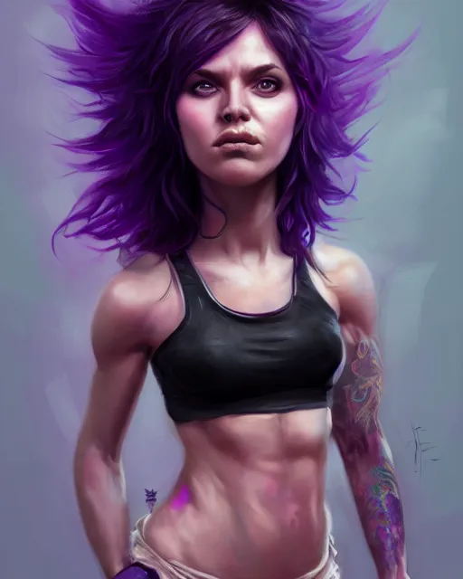 Image similar to cute female punk, perfect face, black halter top, purple hair, abs, cinematic, stunning, athletic, strong, agile, highly detailed, psychedelic, digital painting, artstation, smooth, hard focus, illustration, art by jessica rossier and and brian froud