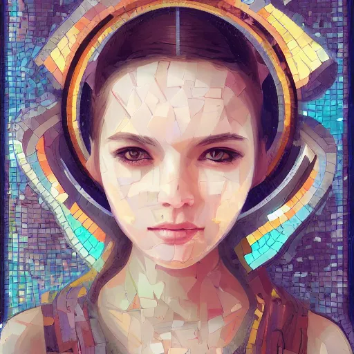 Prompt: mosaic portrait of a beautiful young girl with robot ears falling into the stars by Ross Tran, 4k, intricate details