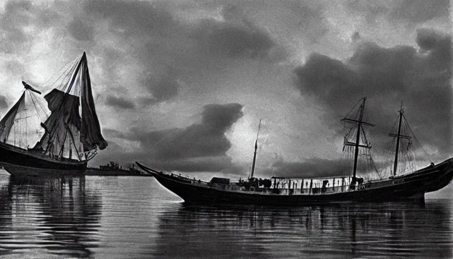 Prompt: 1 9 6 0 s movie still by tarkovsky of an elder socrates wearing dark drapery inside a barque on a neoclassical canal, cinestill 8 0 0 t 3 5 mm b & w, high quality, heavy grain, high detail, panoramic, ultra wide lens, cinematic composition, dramatic light, anamorphic, piranesi style