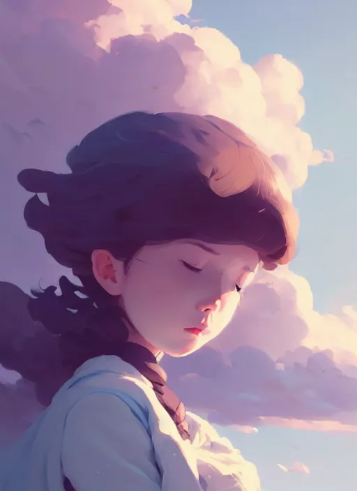Image similar to portrait of cute maiden girl cowered, cloud sky background, by atey ghailan, by greg rutkowski, by greg tocchini, by james gilleard, by joe gb fenton, by kaethe butcher, dynamic lighting, gradient light blue, brown, blonde cream and white color in scheme, grunge aesthetic
