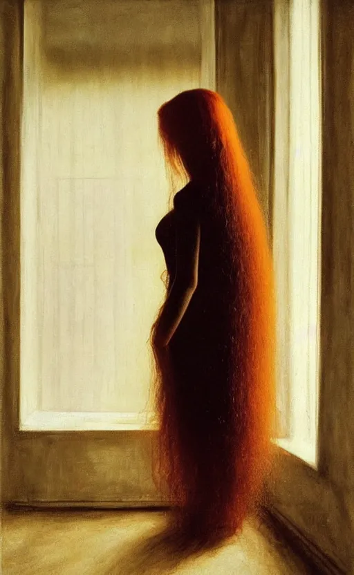 Prompt: portrait of a girl with long red hair, very beautiful style, the girl standing in a black room by the window, in a gold suit, photorealism, andrei tarkovsky maurilio manara,