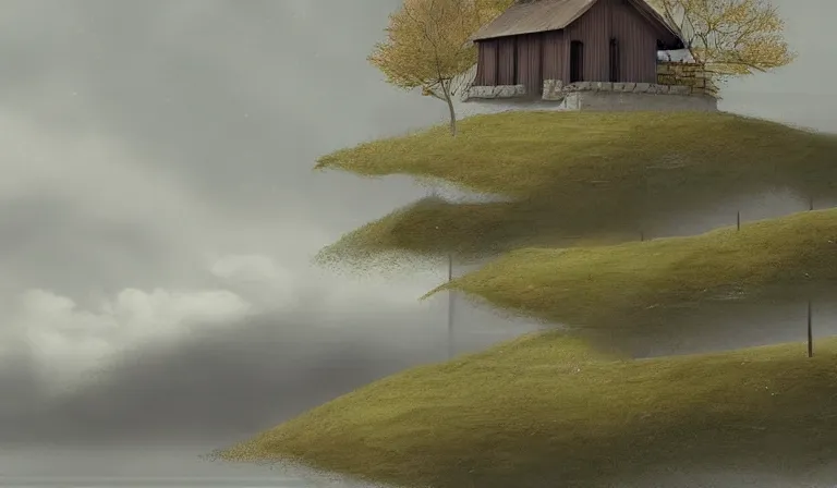 Prompt: A serene landscape with a singular building in the style of trending on deviantart