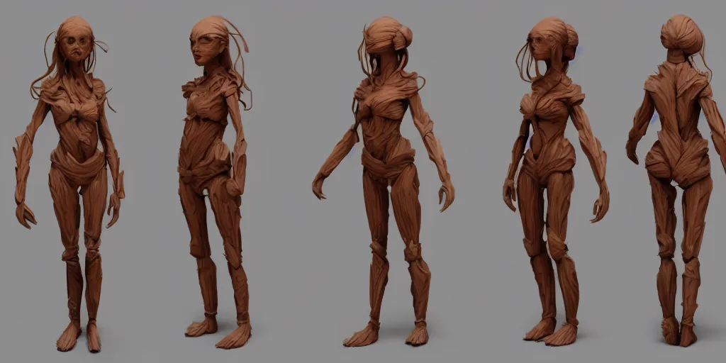 Prompt: wooden woman design, character sheet, 3d render, Greg Rutkowski, Zabrocki, Karlkka, Jayison Devadas, Phuoc Quan, trending on Artstation, 8K, ultra wide angle, zenith view, pincushion lens effect