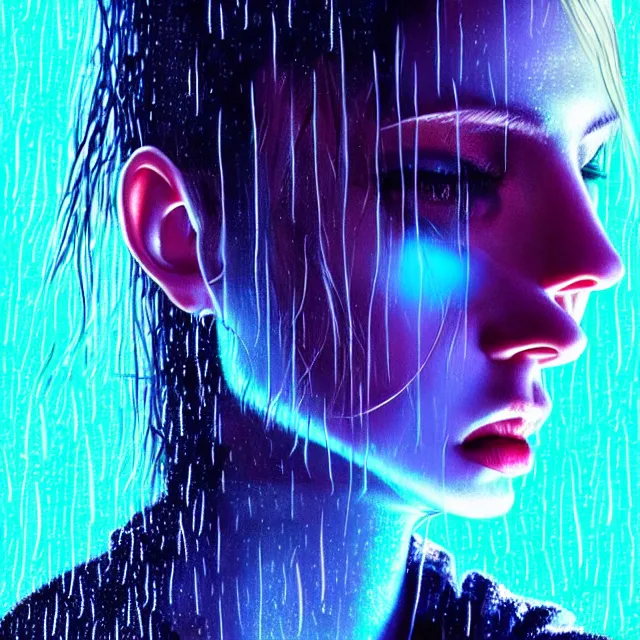 Image similar to bright asthetic portrait LSD glowing backlit rain on face and wet hair, cyberpunk, overhead lighting, fantasy, intricate, elegant, dramatic lighting, highly detailed, lifelike, photorealistic, digital painting, artstation, illustration, concept art, smooth, sharp focus, art by John Collier and Albert Aublet and Krenz Cushart and Artem Demura and Alphonse Mucha