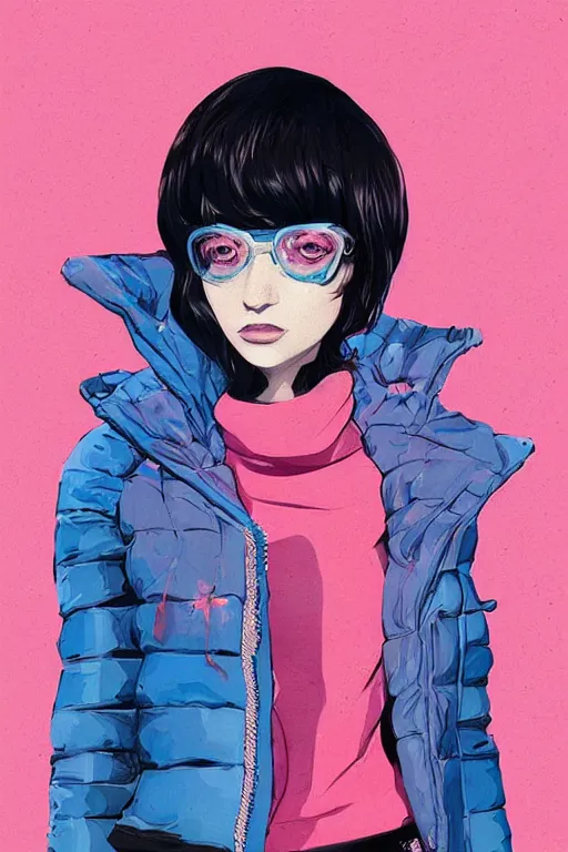 Image similar to a ultradetailed beautiful painting of a stylish woman wearing a puffer jacket, by conrad roset, greg rutkowsk and ilya kuvshinov trending on artstation