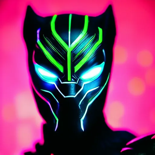 Image similar to black panther with neon lights, cyberpunk, 8K, close up shot,