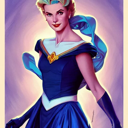Prompt: Grace Kelly with blue hair as Sailor Moon, western, D&D, fantasy, intricate, elegant, highly detailed, digital painting, artstation, concept art, matte, sharp focus, illustration, art by Artgerm and Greg Rutkowski and Alphonse Mucha