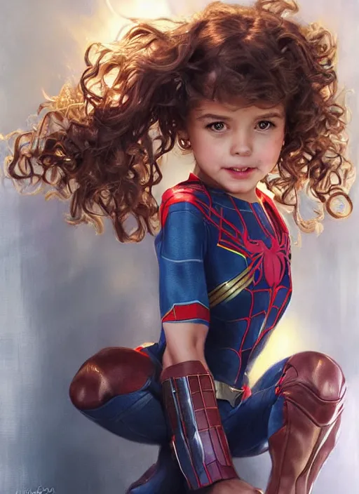 Image similar to a little girl with a mischievous face and light brown curly wavy hair. she is dressed as captain america, spiderman, batman, the flash, captain marvel, wonder woman, a superhero. clean elegant painting, beautiful detailed face. by artgerm and greg rutkowski and alphonse mucha