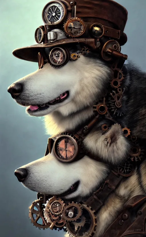 Image similar to hyper realistic ultra - detailed portrait of alaskan malamute face, steampunk hat with goggles and gears, upper body, detective coat, sharp focus, illustration, fantasy style, octane render, volumetric lighting, 8 k high definition, wide shot, by greg rutkowski, highly detailed, trending on art station