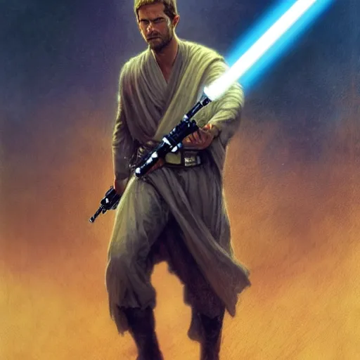 Image similar to Paul Walker as a jedi with lightsaber by Stanley Artgerm Lau, greg rutkowski, thomas kindkade, alphonse mucha, loish, norman Rockwel