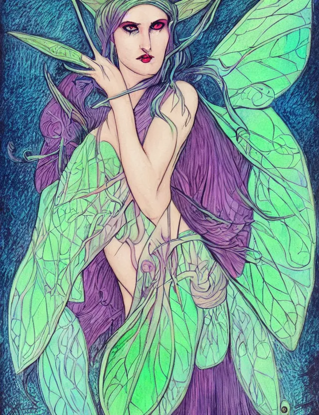 Prompt: luna moth sorceress. this heavily stylized pastel by the award - winning comic artist has interesting color contrasts, plenty of details and impeccable lighting.