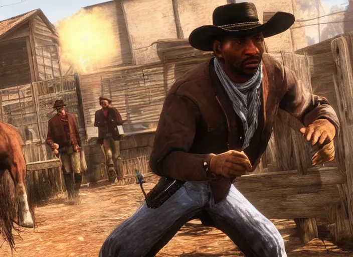 Image similar to still of stephen a. smith from espn's first take as a cowboy in red dead redemption, playstation 3, ps 3